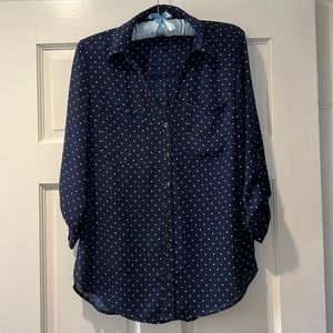 Navy polka dot button down blouse